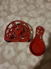 Cast Iron Red Rooster Napkin Holder and Spoon Rest Red Enamel Country Kitchen... picture