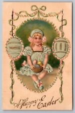 Happy Easter Greetings Girl Holding Basket Of Eggs Beautiful Bordered Postcard picture