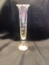 Vintage Silver weighted Etched Glass Clear Vase Wheat Pattern Fluted top 7 in picture
