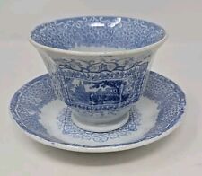 Antique Blue Transferware  Handleless Tea Cup & Saucer Gipsy #5 C. 1850s picture