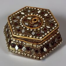 Jeweled Mirrored Trinket Box W/ Brass Copper Accents Rhinestones Vtg Ring Holder picture