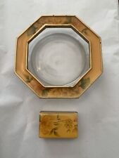 Vintage Set of Floral Themed Mid Century Modern Glass Ashtray and Match Box picture