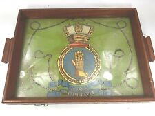 Vintage HMS Indomitable Royal Navy Hand Painted under Glass Wooden Wood Tray picture