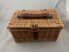 Vtg Wicker Rattan Basket Trinket Box With Lid  Leather Hinges, Clasp, Handle picture