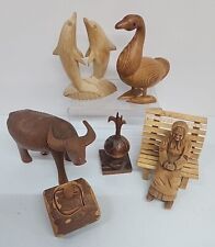6 Vtg Folk Art Figurines Sculpture Hand Carved Wood Old Woman Duck Dolphins Bull picture