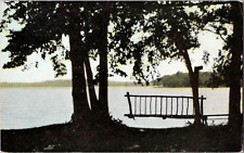 Vintage C. 1910 Shaded Old Wooden Bench Swing Overlooking Peaceful Lake Postcard picture
