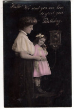 1909 ANTIQUE BIRTHDAY Postcard    TINTED  -     MOTHER, DAUGHTER ON TELEPHONE picture