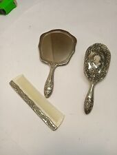 Vintage Antique Silver Plated Ornate Vanity Set Mirror Brush Comb 3 Piece picture