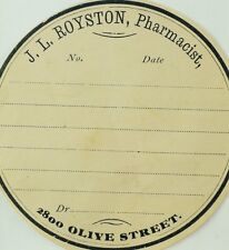 1880's-90's J.L. Royston, Pharmacy Prescription Bottle Label Unused F93 picture