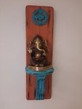 Vintage Gallery Brass Idol Lord Ganesh Wood Wall Art Religious Good Lucky Charm picture