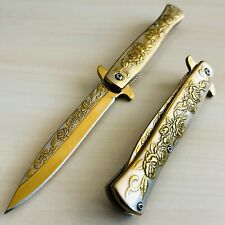 9” Gold Rose Tactical Spring Assisted Open Blade Folding Pocket Knife Hunting picture