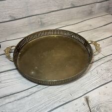 Vintage Round Brass Serving Tray with  Floral Handles 11