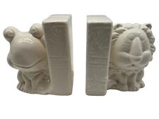 Vintage 1970's White Frog and Lion Ceramic Bookends MCM Collectible Home Decor picture