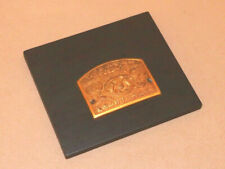 Brass Placque Asian Charaters On Wood Vintage MCM unique old ZE picture