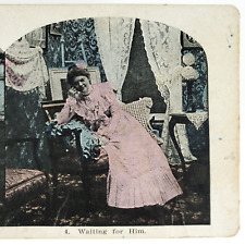 Pretty Girl Waiting for Date Stereoview c1905 Lace Curtains Lady Courting N117 picture