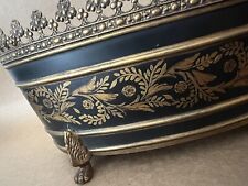 Vintage French Toleware Planter Gold On Black Flower Motif Hand Painted Tin picture