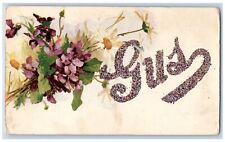 Kensett Iowa IA Postcard Gus Large Letters Glitter Flowers c1910's Antique picture