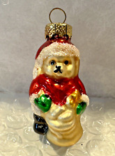 Vintage 1970s Teddy Bear Santa Claus Presents Blown Glass Christmas Ornament 2” picture