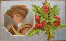 Silver-Embossed 1909 Christmas Postcard: Beautiful Woman w/Face Net picture