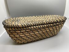 NEW 12” Natural  Grass Coiled BASKET W/ Lid  Grey Binding Accents Neutral Tones picture
