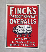Vintage Fincks Overalls Enamel 12”x9”Sign Textile Factory Detroit Special Pig picture