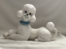 Vtg White Curly Poodle Ceramic Figurine Blue Collar MCM 1970's Atlantic Mold picture