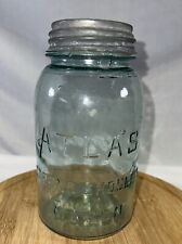 VTG Atlas Strong Shoulder Mason Jar Blue Green Pint Canning Jar Imperfections picture