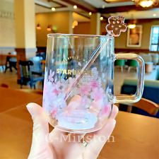 New Starbucks Pink Sakura Color-changing Glass Coffee Mug Cup with Flower Stick  picture