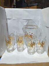 Vintage Glass Pitcher Eagle Gold Style With MCM Gold Eagle Stars  Highball Cups picture