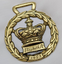 Brass Horse Medallion Vintage English Queen Elizabeth II Coronation Crown 1953 picture