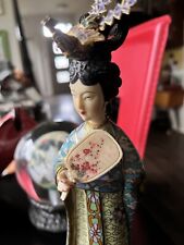 VINTAGE CHINESE CLOISONNE STATUE OF LADY  WITH FAN & WOOD STAND picture