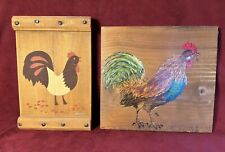 2- Vintage Wood Wall Hanging Folk Art Roosters Hand Painted 12” x 8” & 12” x 11” picture