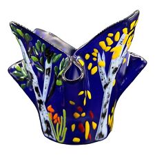 Large Fused Art Glass Vase Hand Made Cobalt Blue Handkerchief Bowl Multicolor picture