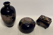3 Vintage Japanese Set Ginger Jar/Vase/Trinket Case Cobalt Blue Wagon Floral picture