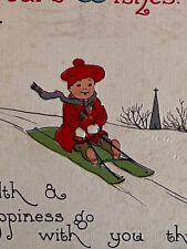 Antique 1918 Ephemera Postcard New Year Wishes Young Child Skiing/Sled Downhill picture