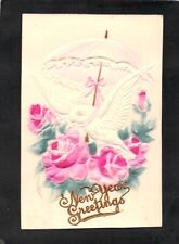 C1985 Greetings New Year White Dove Embossed Umbrella pu1910 vintage postcard picture