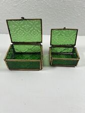 Inlaid glass STAINED GLASS rare antique green begonia flower jewelry box picture