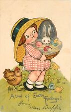 Tuck Postcard Joyous Easter 1001 Girl Chicken Rabbit Easter Eggs Wiedersein S/A picture
