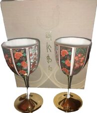 Kutani Yaki Ware Japan Porcelain Brass Stem Sake Wine Goblets Set of Two W/Box  picture
