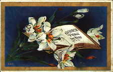 Easter postcard ~ lilies blue background glitter open book picture