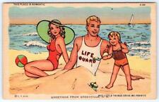1940's GREETINGS FROM GREENVILLE NH LIFEGUARD BEACH COMIC VINTAGE LINEN POSTCARD picture