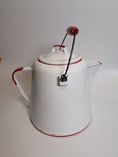 Vintage White/Red Trim Kettle Coffee Pot Camp Cowboy Scandinavian Wood Handle picture