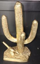 Vintage Brass Saguaro Cactus And Roadrunner Statue 10.5 Inches Tall  picture