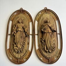 Vtg Hand Crafted Molded Leather Cherubs Angel Wall Art 12 1/4” X 5 3/4” Set Of 2 picture