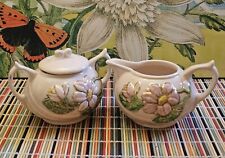 Hull Art Ceramics Sugar Bowl & Creamer H21-3 3/4 & H22-3 3/4  pink magnolia picture