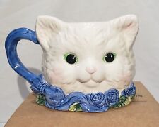 Vintage Avon White Cat Face Blue Flowers Ceramic Mug Cup Collectible picture