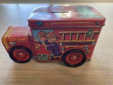 Vintage Red Fire Engine Money Coin Tin Bank picture