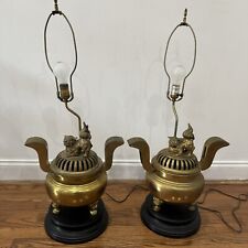 Vintage 1920s Pair of Foo Dog Cast Brass Lamps & Incense Burners 35” picture