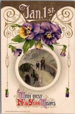 c1910s Winsch BEST NEW YEAR WISHES Embossed Postcard Bridge Scene / Unused picture