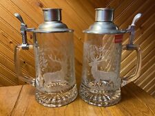 Beautiful Set of 7” Etched Deer Mugs Pewter Shot Lid / West Germany / Heavy Duty picture